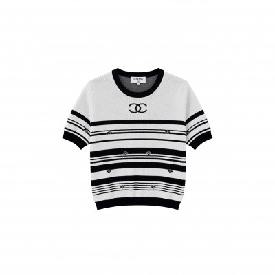 CHANEL STRIPED KNIT SHORT SLEEVE 